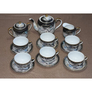 Vintage Japanese Moriage Dragonware Raised Blue Eye Dragon 17pc Tea Set